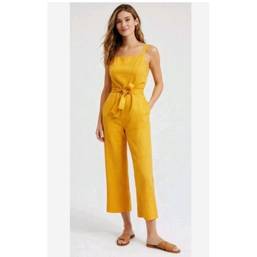 EVERLANE Jumpsuit 100% Linen Womens Sz 6 Square Neck Overalls Marigold *NO BELT*